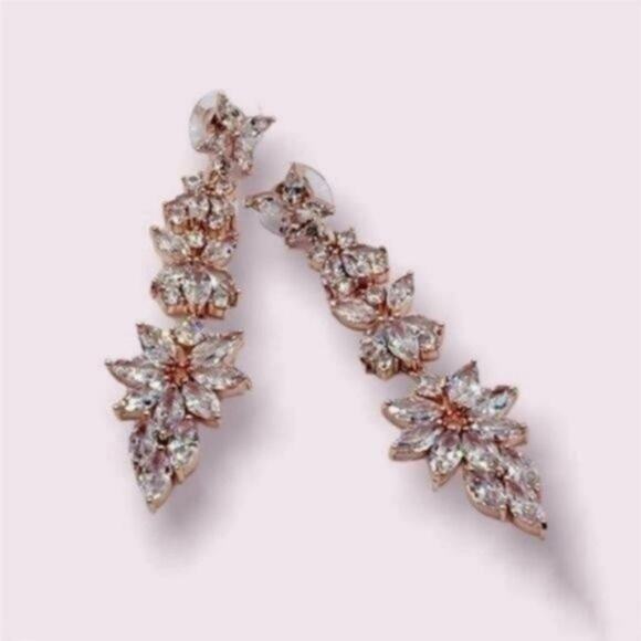 18K Rose Gold Marquise Bridal Drop Dangle Earrings - Picture 4 of 5